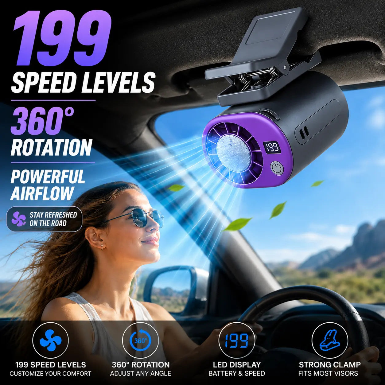 MAISIKE Car Clip Fan – 360° Rotating Portable Cooling Fan, USB Rechargeable Fan with LED Display, Strong Clamp & 199 Speed Levels for Car, Office, Truck,Travel & Summer Use
