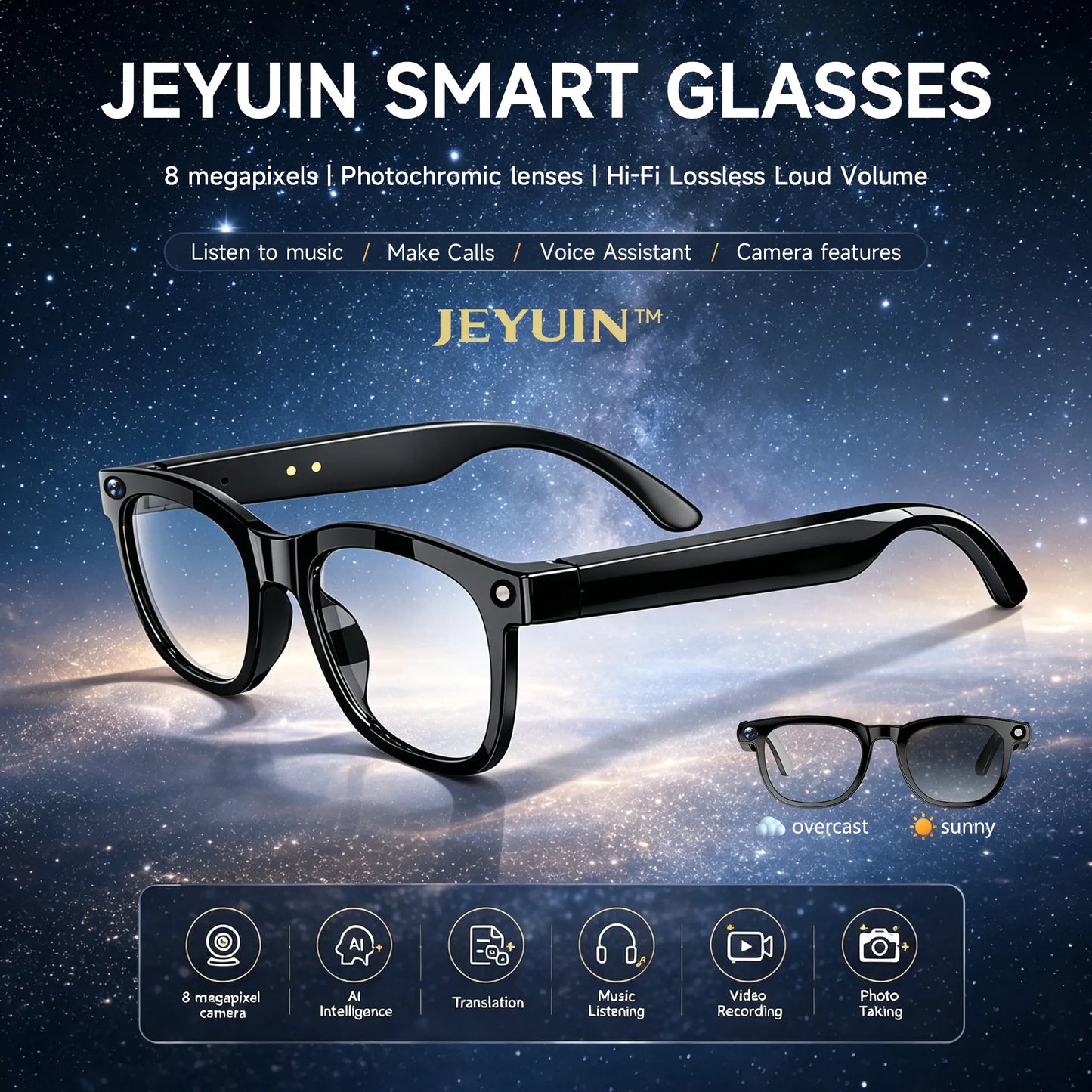 JEYUIN Smart Bluetooth Audio Glasses | Hands-Free Vlog Photo & Video Capture + Real-Time Translation | Perfect Wearable Camera Eyewear for Travel, Outdoor Adventures & Daily Life | Works with Iphone & Android