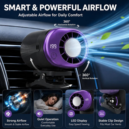 MAISIKE Car Clip Fan – 360° Rotating Portable Cooling Fan, USB Rechargeable Fan with LED Display, Strong Clamp & 199 Speed Levels for Car, Office, Truck,Travel & Summer Use
